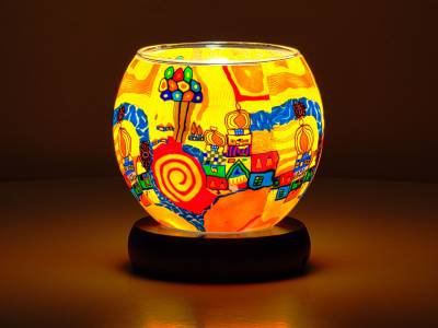 Leuchtglas Lampe 11cm Nr.456 Stadt am Fluss Hunderwasserähnlich, elektrisch betrieben - 1