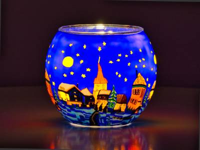 Leuchtglas 11cm Nr.176 Dorf bei Nacht mit Kirche - 1