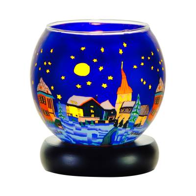 Leuchtglas Lampe 11cm Nr.176 Dorf bei Nacht mit Kirche, elektrisch betrieben - 0