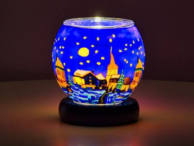 Leuchtglas Lampe 11cm Nr.176 Dorf bei Nacht mit Kirche, elektrisch betrieben - 1