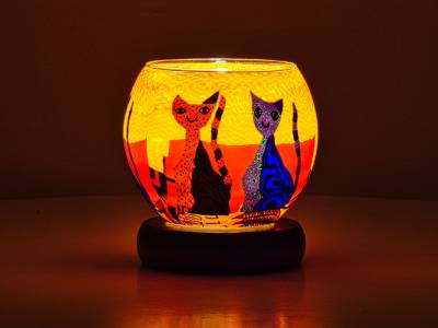 Leuchtglas Lampe 11cm Nr.210 Katzenpaar, bunt, elektrisch betrieben - 1